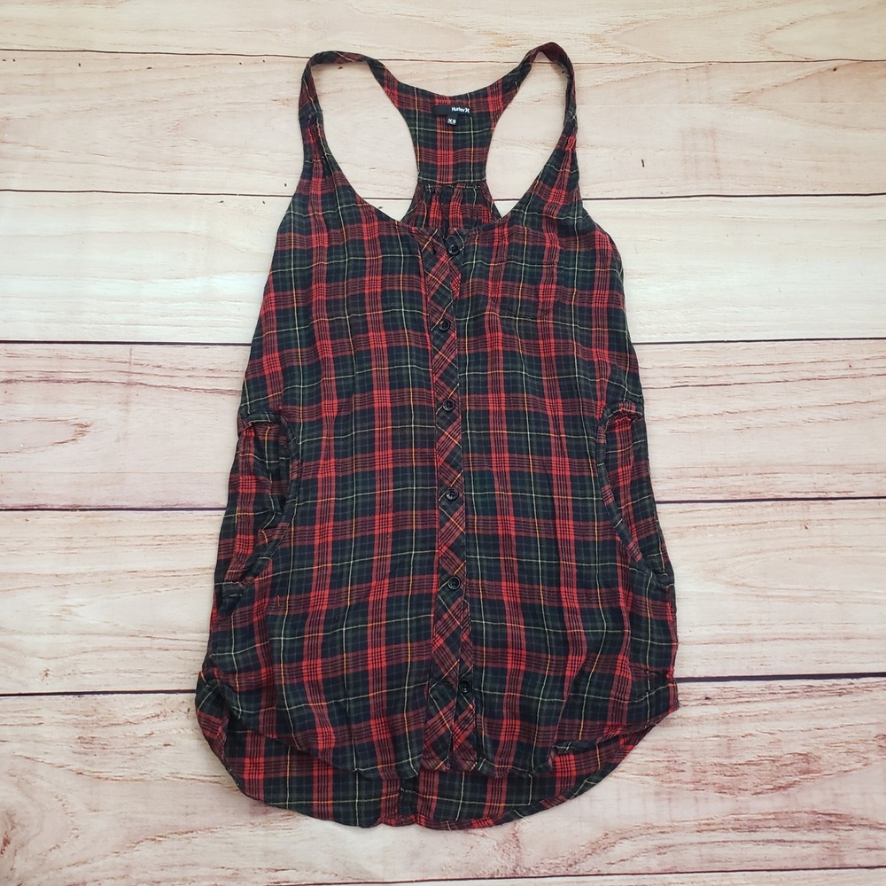Hurley‎ Shirt Womens Extra Small Red Plaid Tank Top Button Front Sleeveless Surf